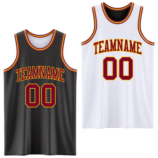 Custom Reversible Black Maroon-Gold Double Side Sublimation Basketball Set Jersey - Main View