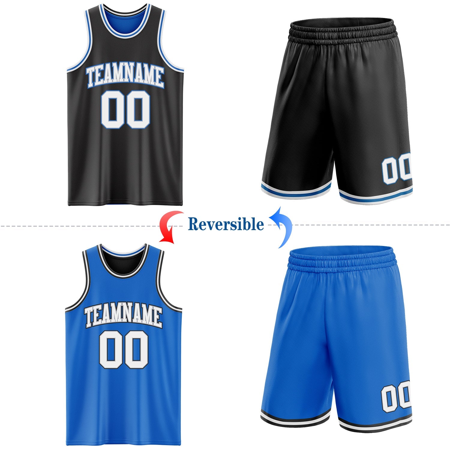 Custom Reversible Black Gray-Blue Double Side Sublimation Basketball Set Jersey view 2
