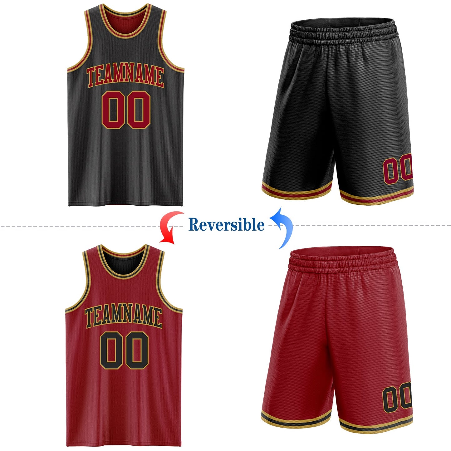 Custom Reversible Black Maroon-Old Gold Double Side Sublimation Basketball Set Jersey view 2