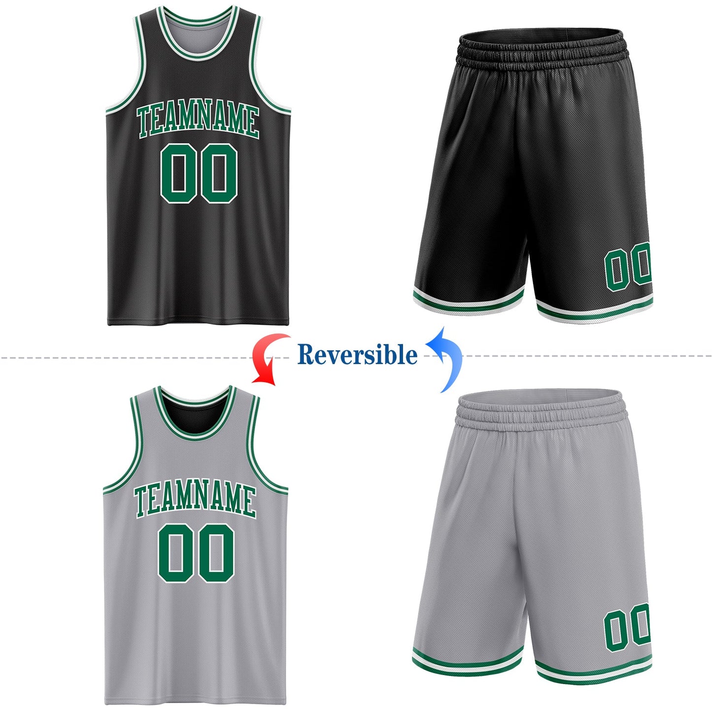 Custom Reversible Black Kelly Green-White Double Side Sublimation Basketball Set Jersey view 2
