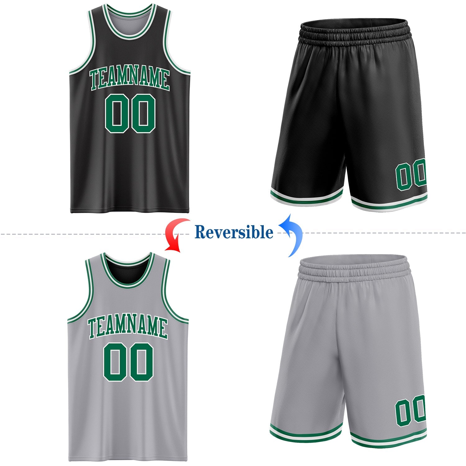 Custom Reversible Black Kelly Green-White Double Side Sublimation Basketball Set Jersey view 2