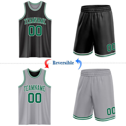 Custom Reversible Black Kelly Green-White Double Side Sublimation Basketball Set Jersey view 2