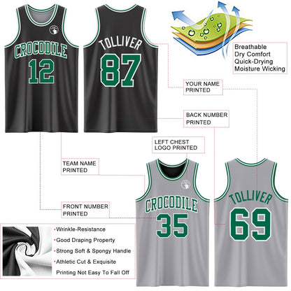 Custom Reversible Black Kelly Green-White Double Side Sublimation Basketball Set Jersey view 5
