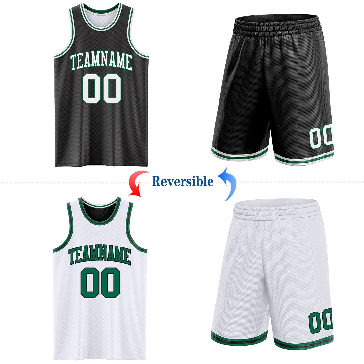 Custom Reversible Black White-Kelly Green Double Side Sublimation Basketball Set Jersey view 2
