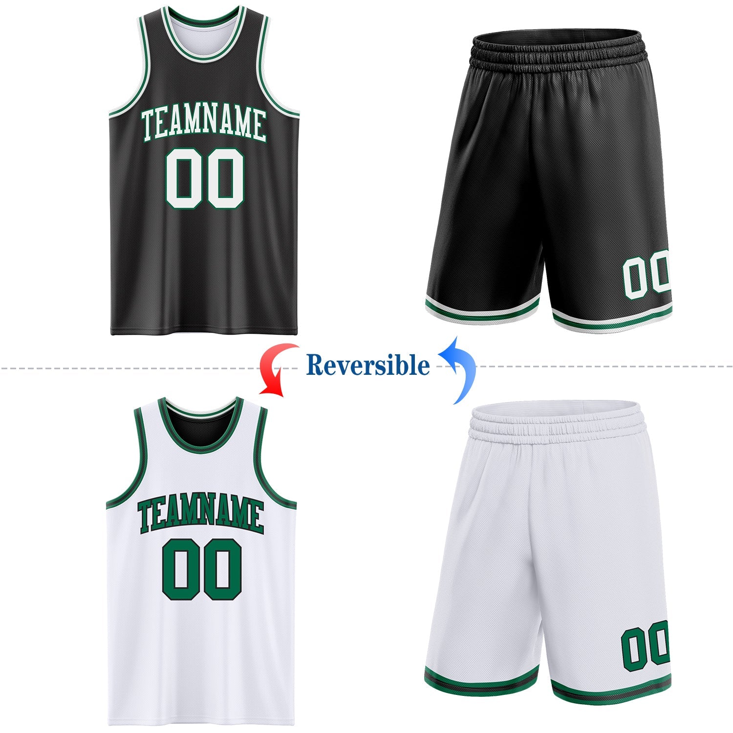 Custom Reversible Black White-Kelly Green Double Side Sublimation Basketball Set Jersey view 2