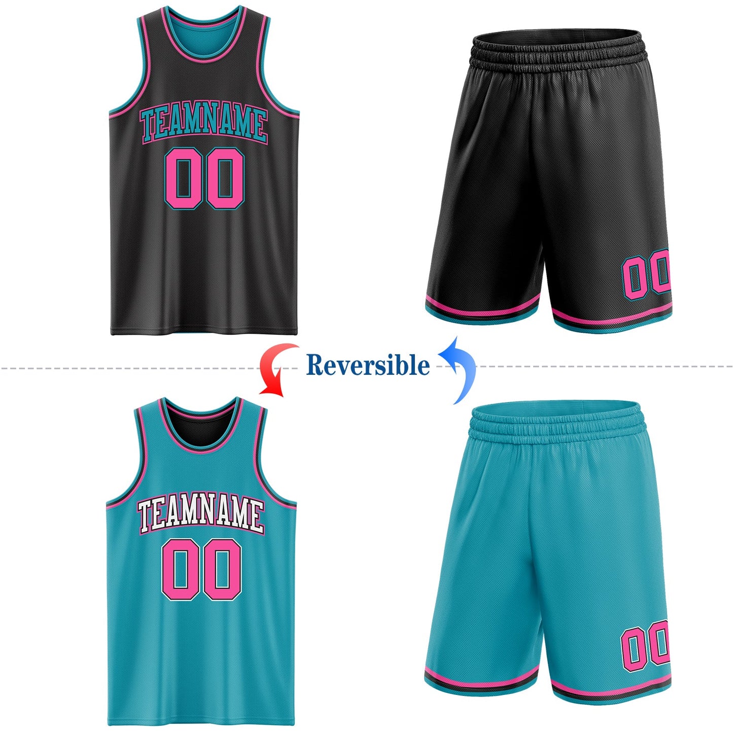 Custom Reversible Black Pink-Teal Double Side Sublimation Basketball Set Jersey view 2