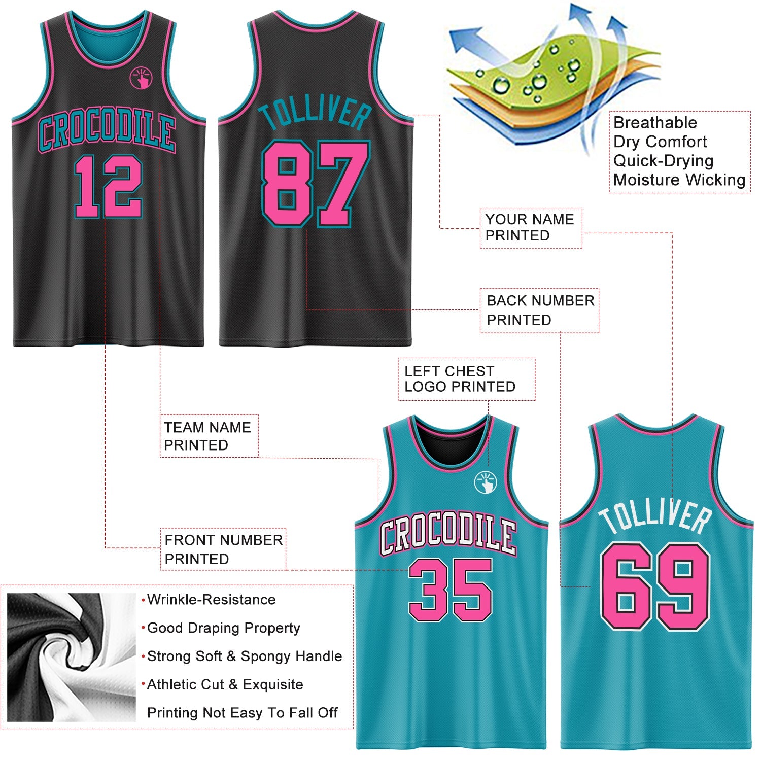 Custom Reversible Black Pink-Teal Double Side Sublimation Basketball Set Jersey view 5