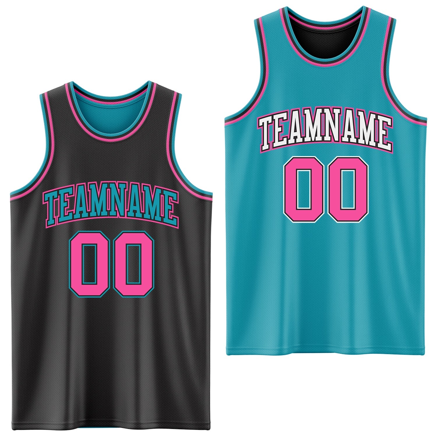 Custom Reversible Black Pink-Teal Double Side Sublimation Basketball Set Jersey - Main View