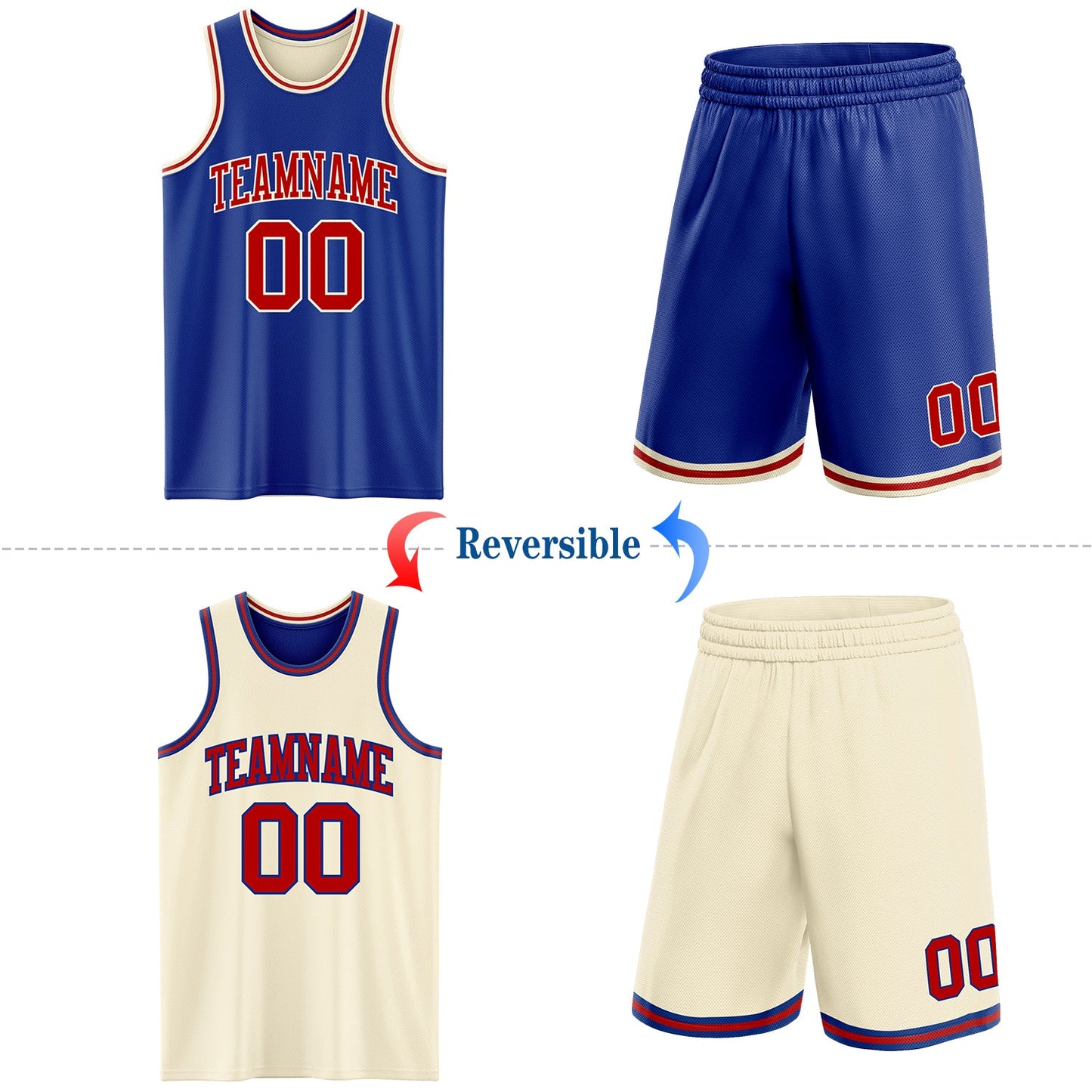 Custom Reversible Royal Red-Cream Double Side Sublimation Basketball Set Jersey view 2