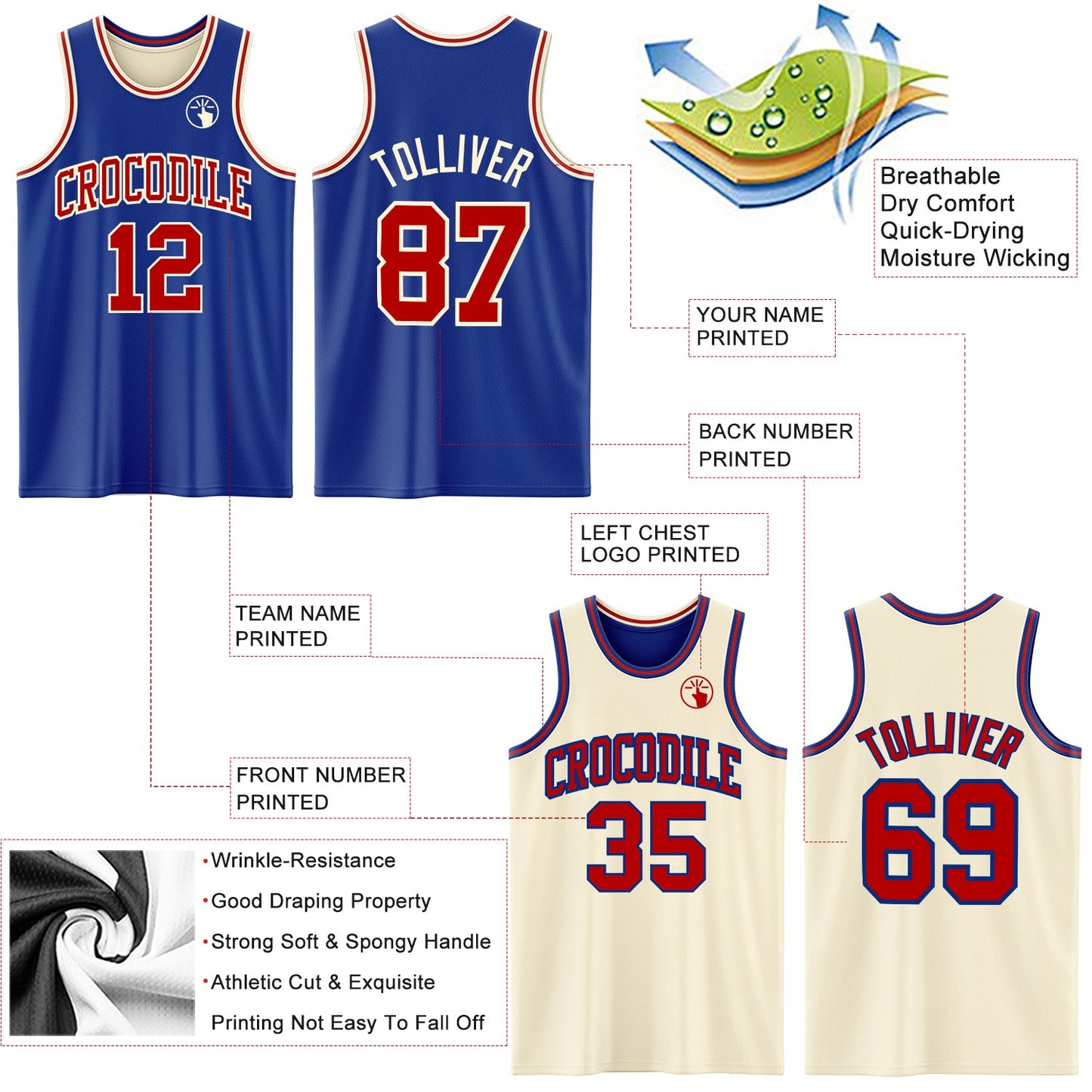 Custom Reversible Royal Red-Cream Double Side Sublimation Basketball Set Jersey view 5