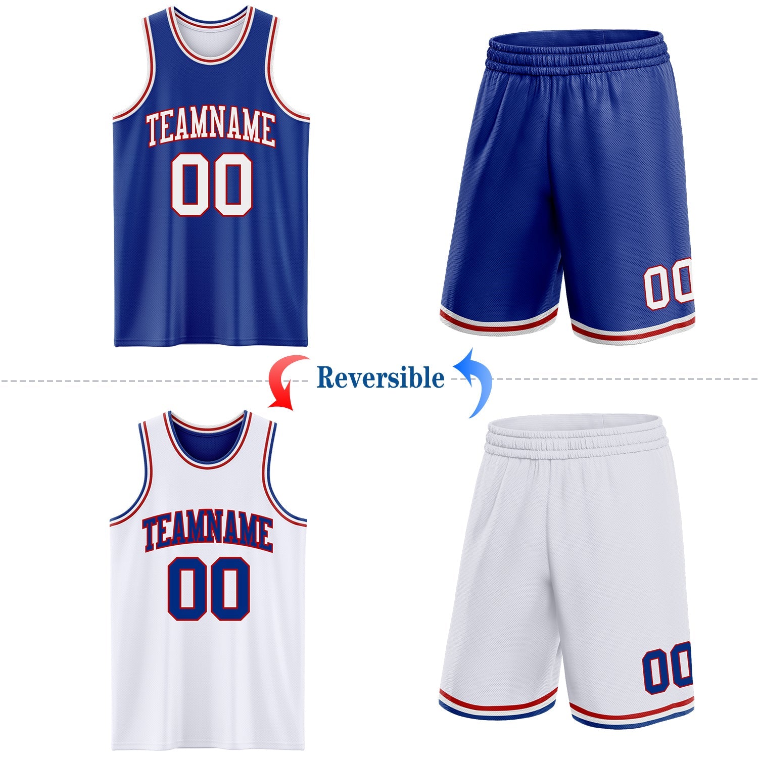 Custom Reversible Royal White-Red Double Side Sublimation Basketball Set Jersey view 2