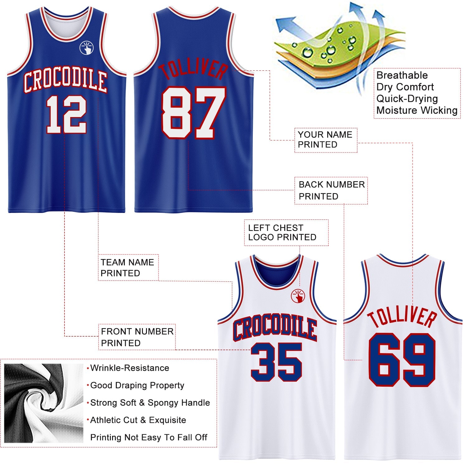 Custom Reversible Royal White-Red Double Side Sublimation Basketball Set Jersey view 5