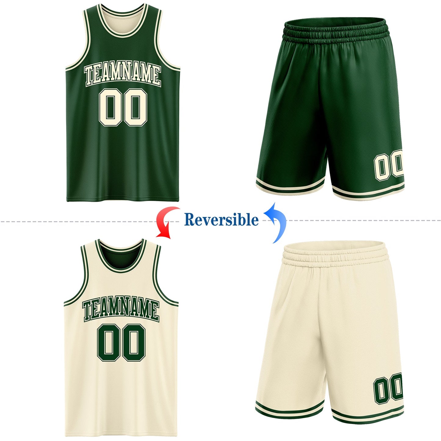 Custom Reversible Green Cream Double Side Sublimation Basketball Set Jersey view 2