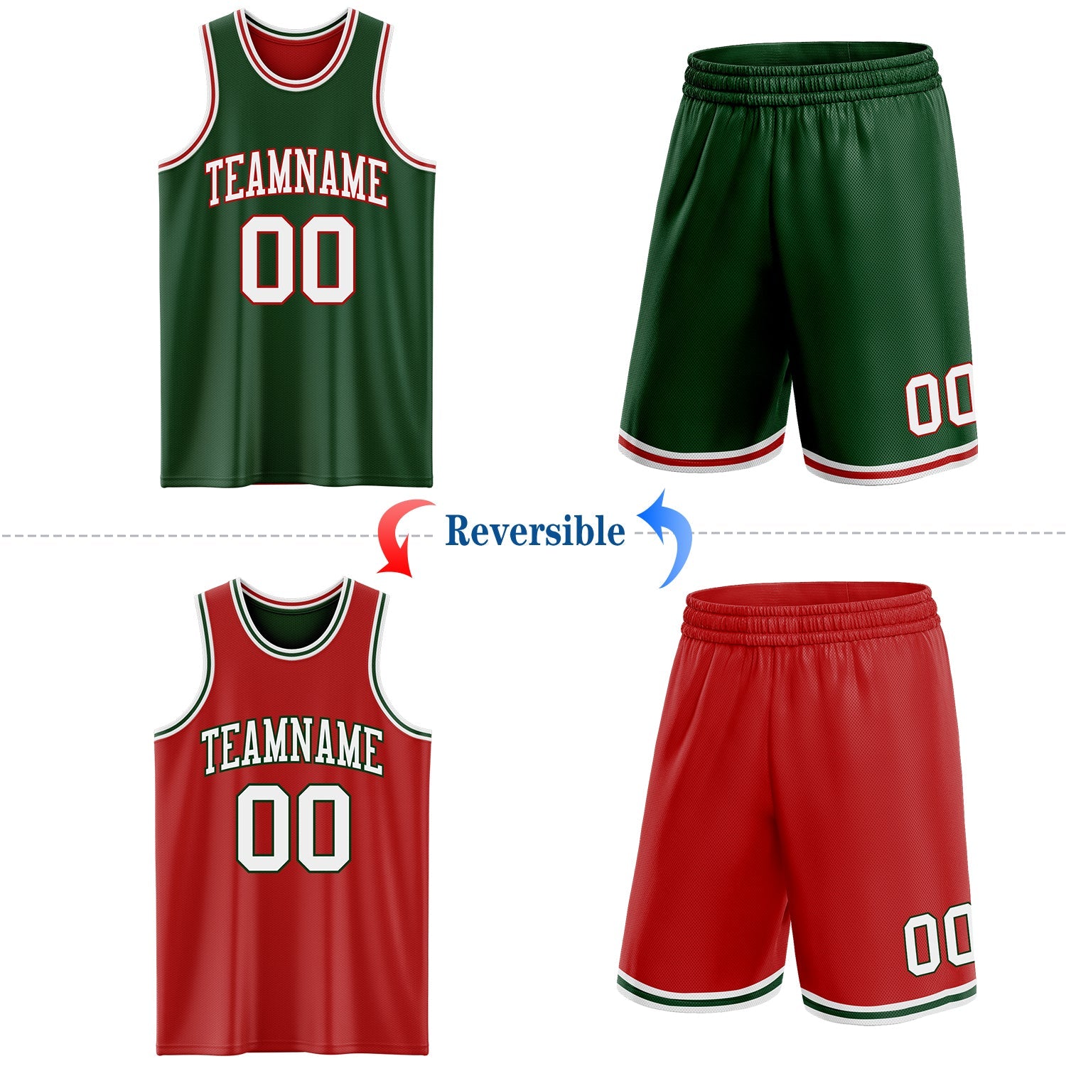 Custom Reversible Green White-Red Double Side Sublimation Basketball Set Jersey view 2