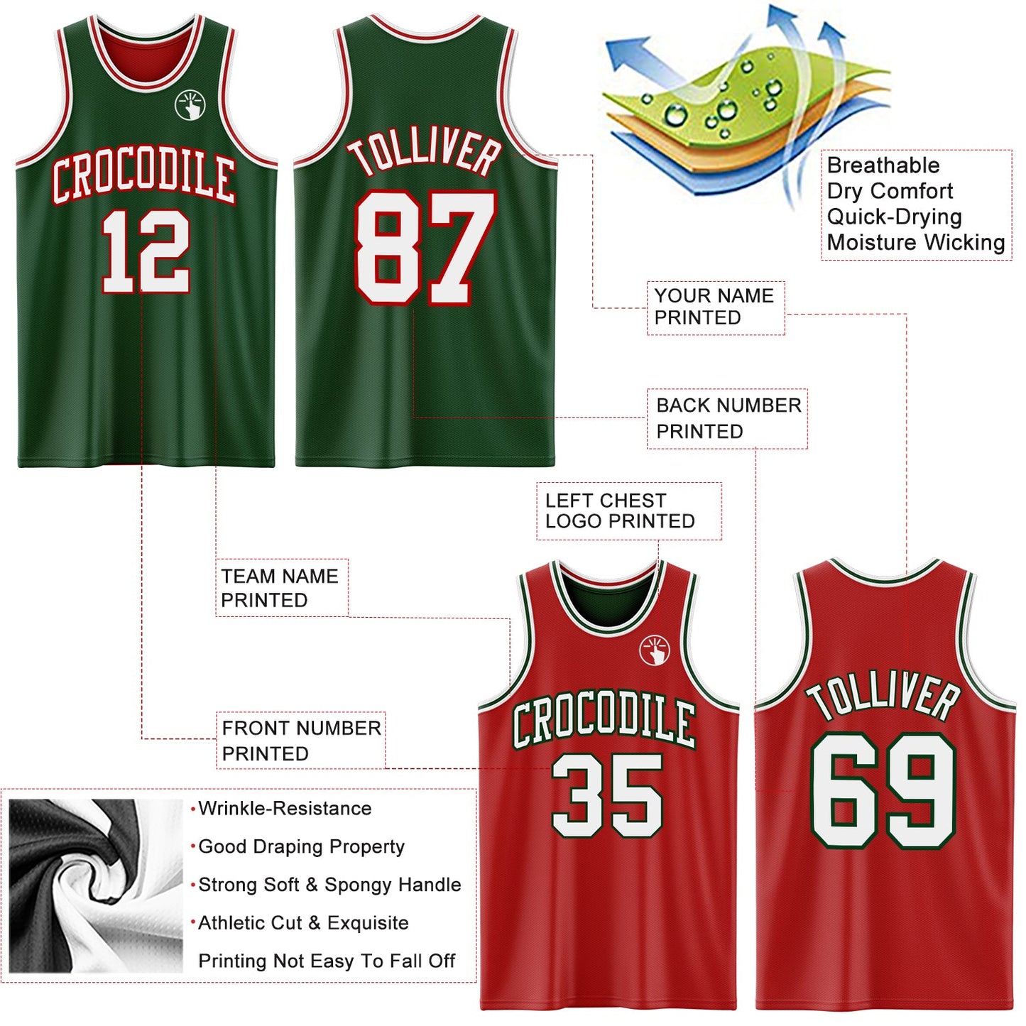 Custom Reversible Green White-Red Double Side Sublimation Basketball Set Jersey view 5