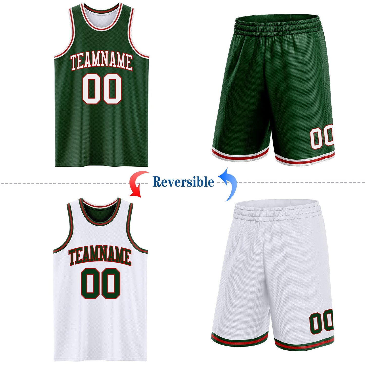 Custom Reversible Green White-Red Double Side Sublimation Basketball Set Jersey view 2