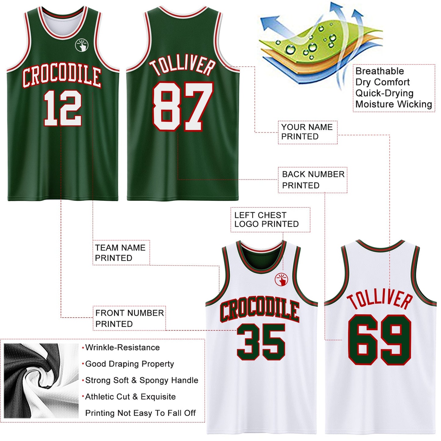 Custom Reversible Green White-Red Double Side Sublimation Basketball Set Jersey view 5