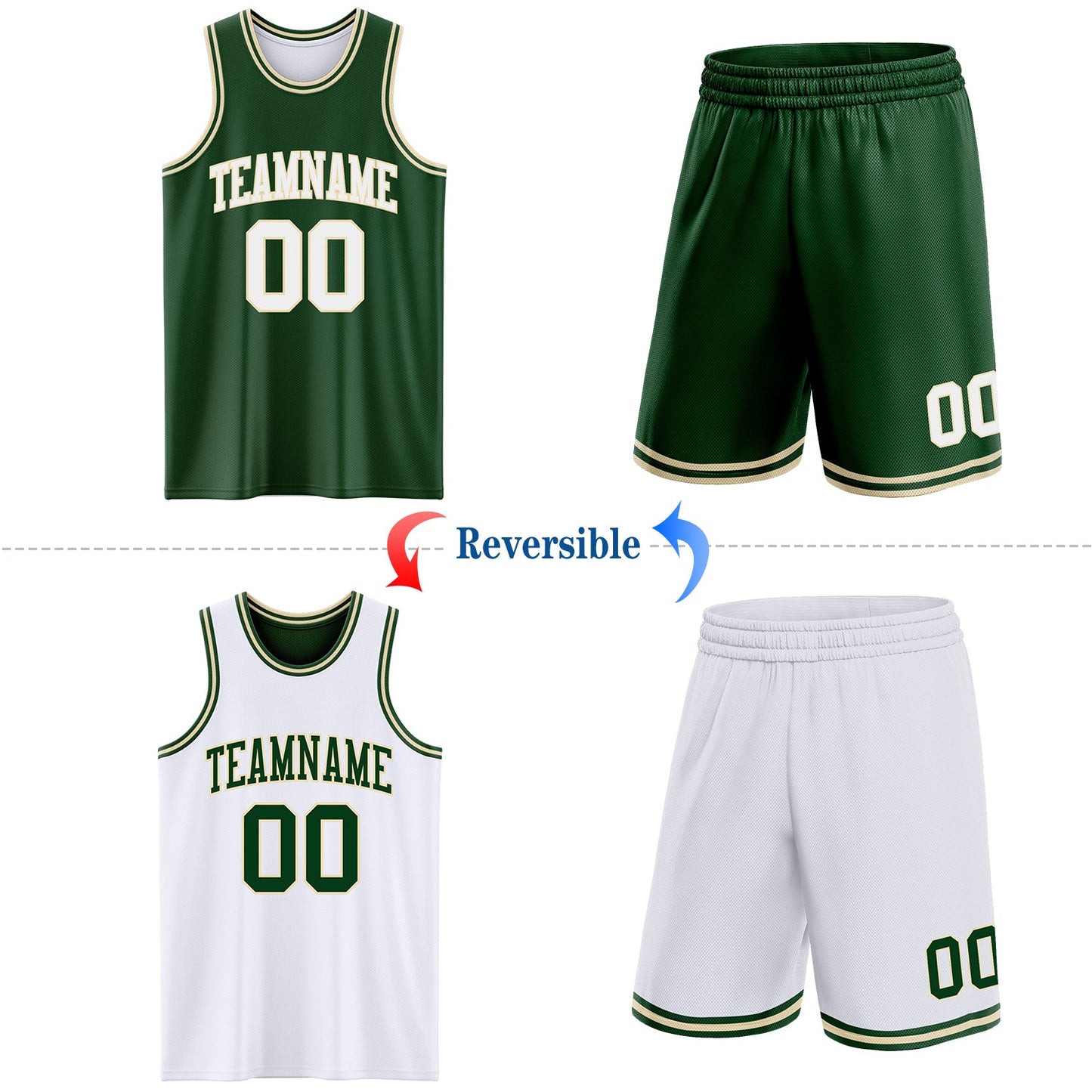 Custom Reversible Green White-Cream Double Side Sublimation Basketball Set Jersey view 2