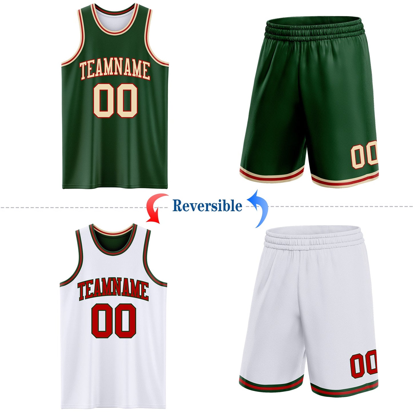 Custom Reversible Green Cream-Red Double Side Sublimation Basketball Set Jersey view 2