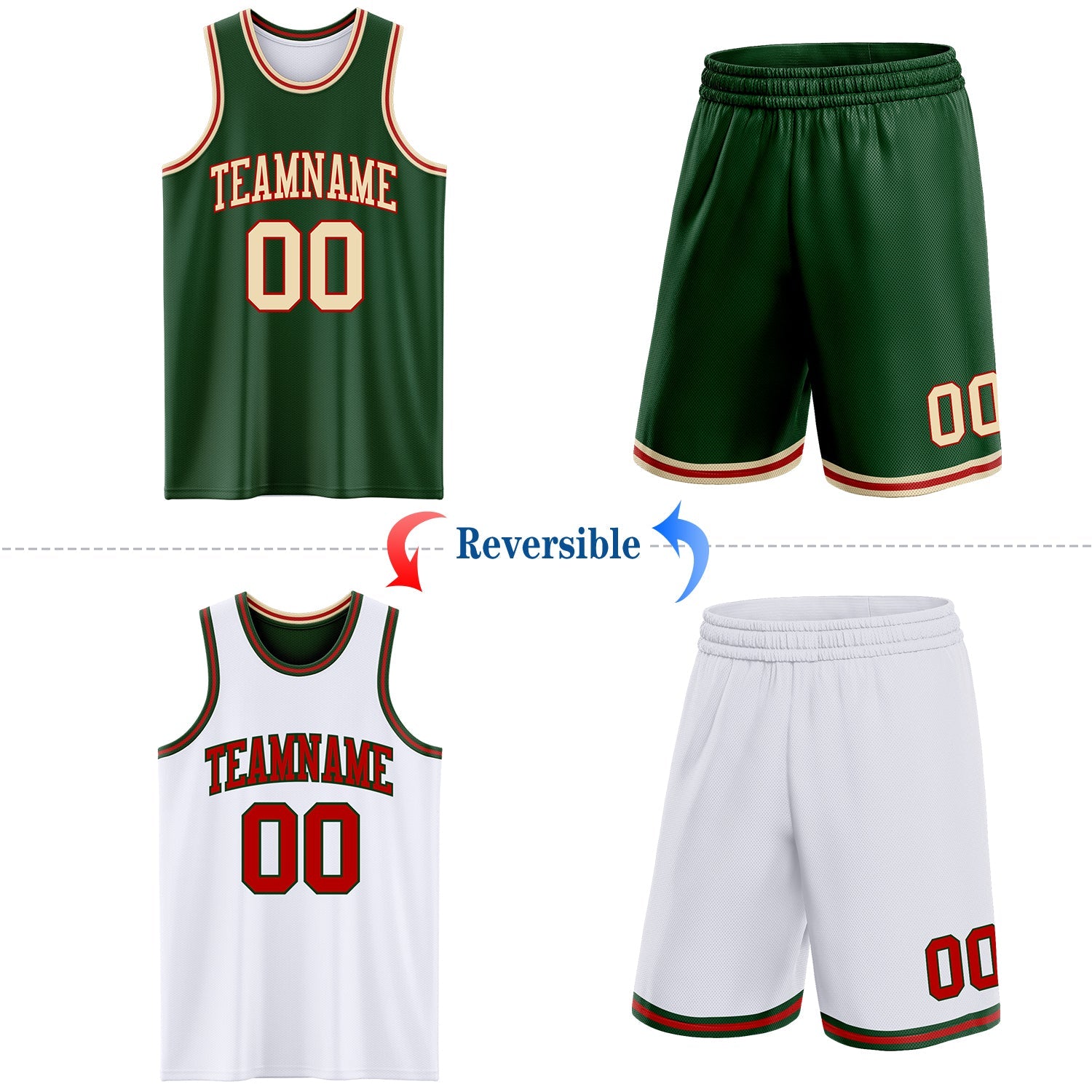 Custom Reversible Green Cream-Red Double Side Sublimation Basketball Set Jersey view 2