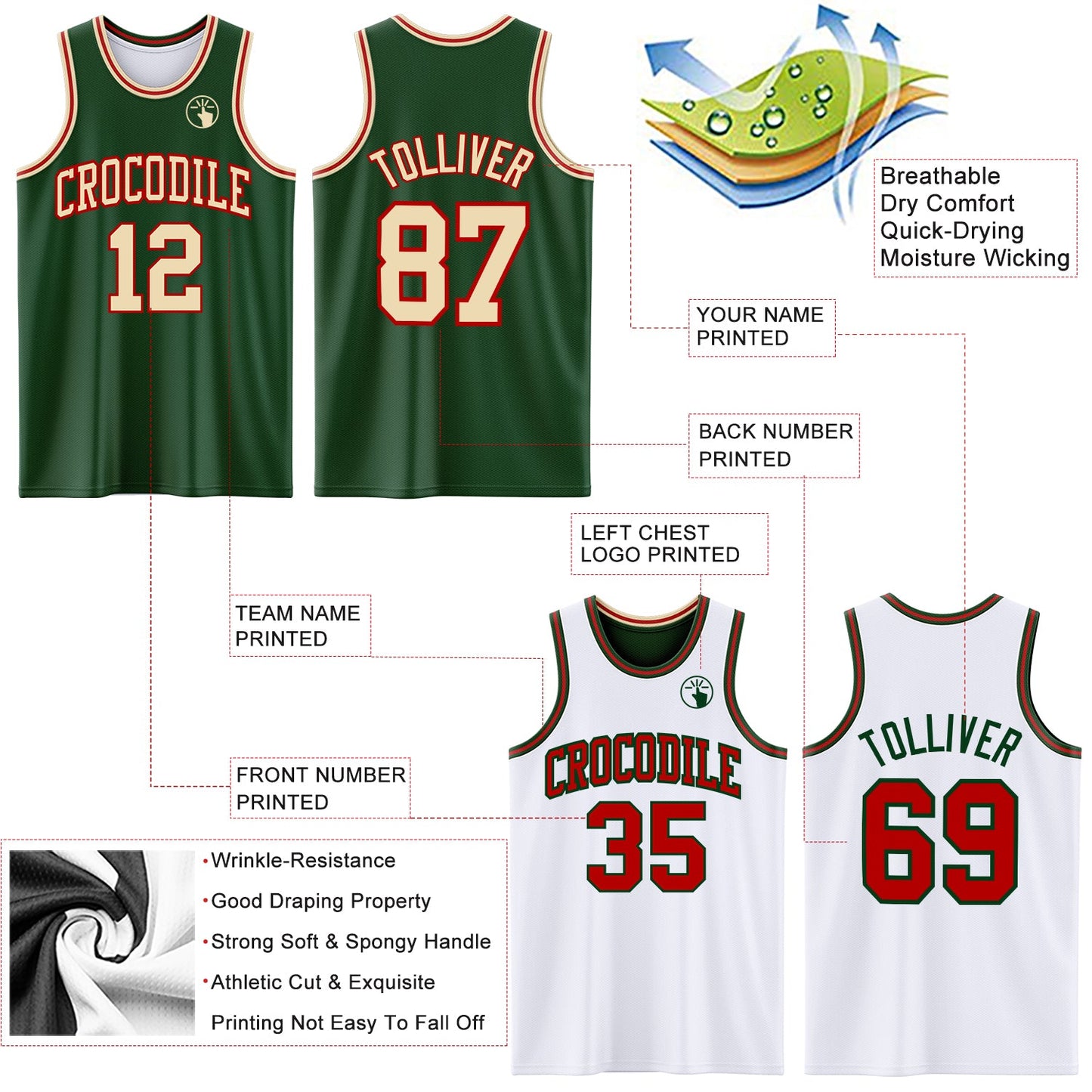 Custom Reversible Green Cream-Red Double Side Sublimation Basketball Set Jersey view 5