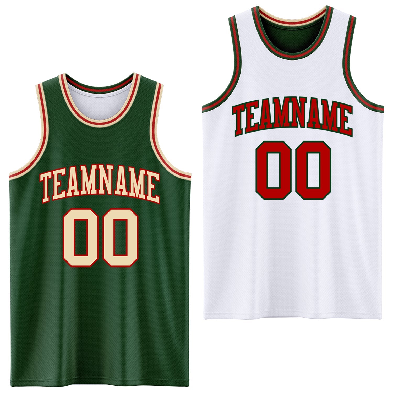 Custom Reversible Green Cream-Red Double Side Sublimation Basketball Set Jersey - Main View