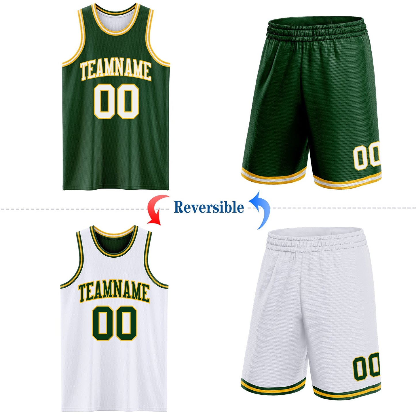 Custom Reversible Green White-Gold Double Side Sublimation Basketball Set Jersey view 2