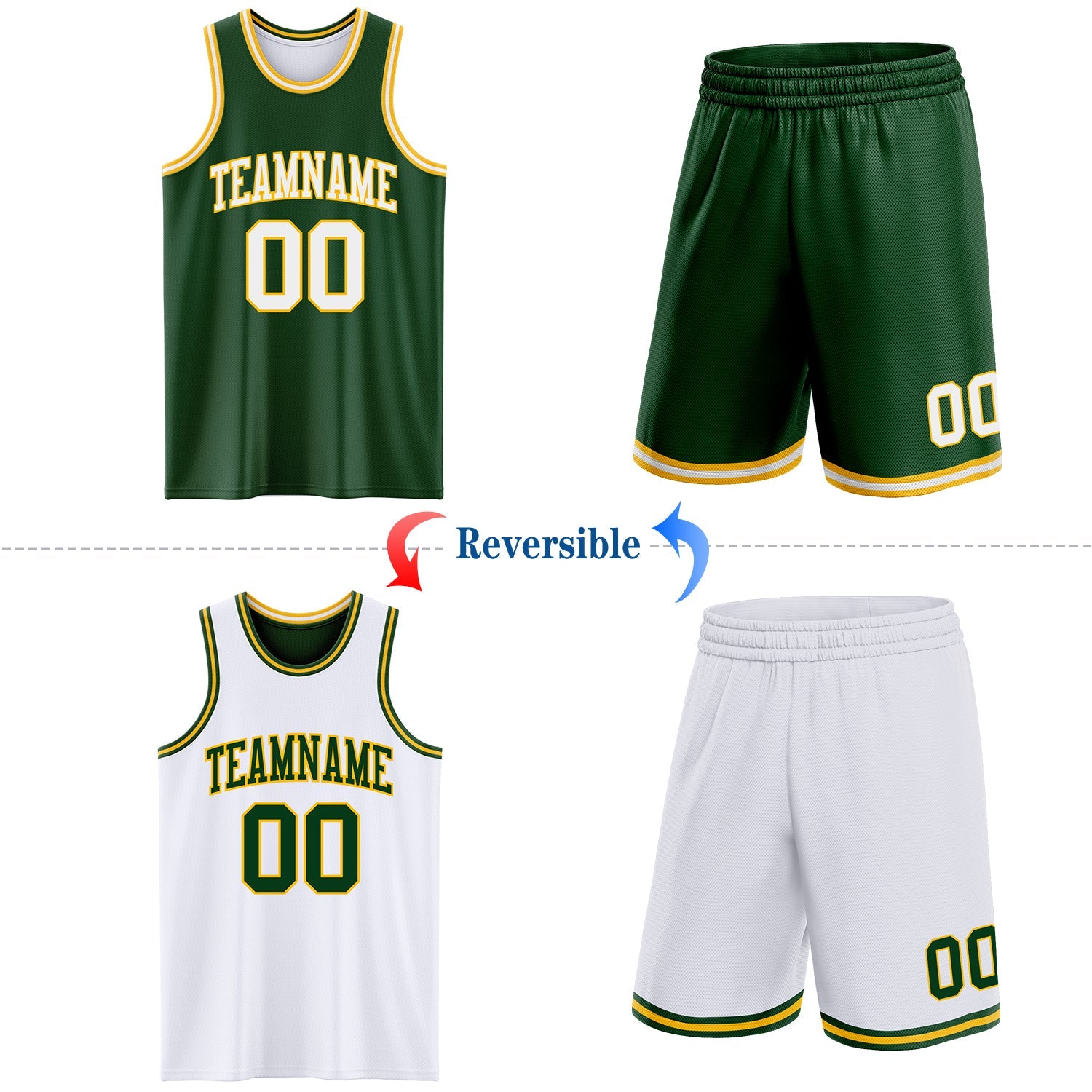 Custom Reversible Green White-Gold Double Side Sublimation Basketball Set Jersey view 2