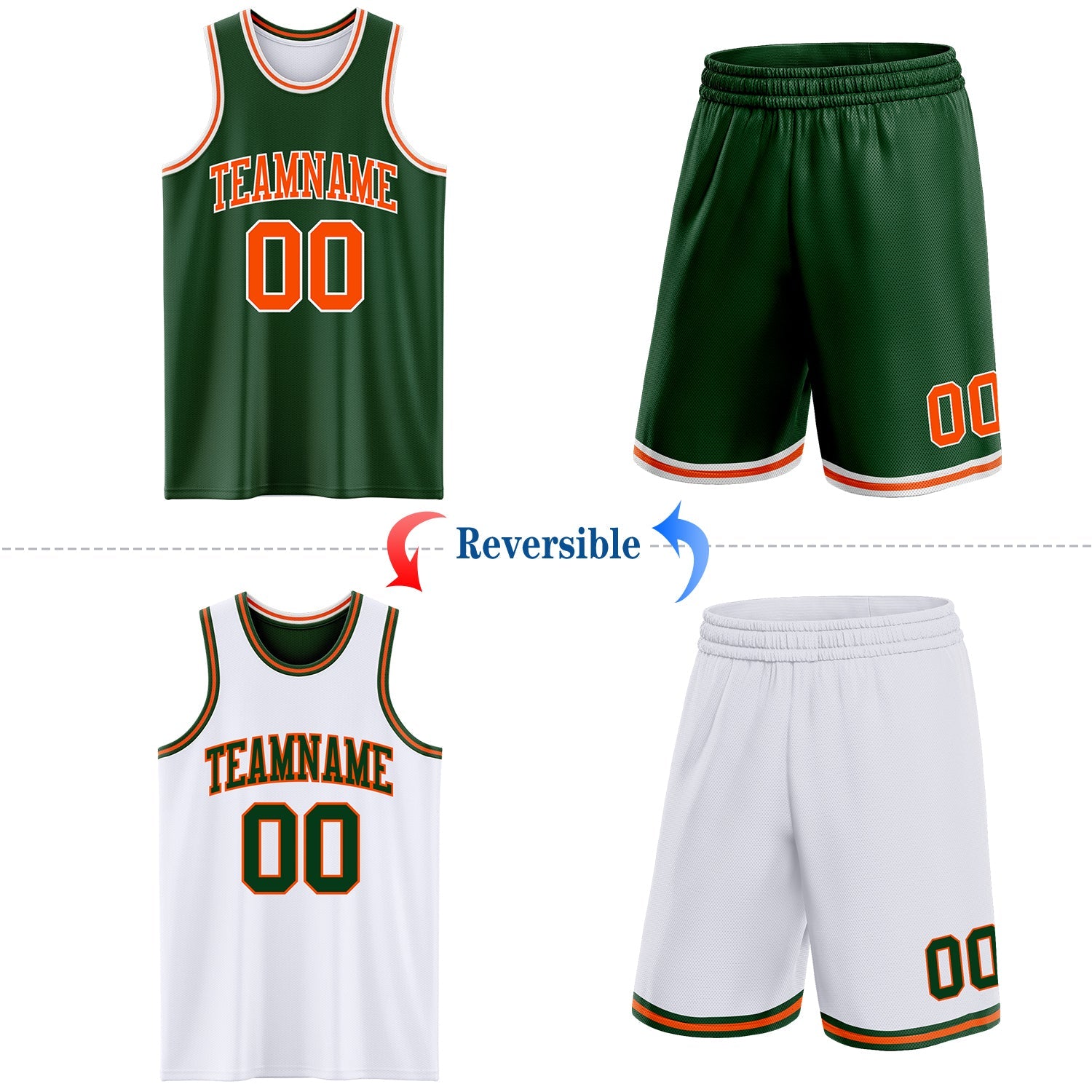 Custom Reversible Green Orange-White Double Side Sublimation Basketball Set Jersey view 2