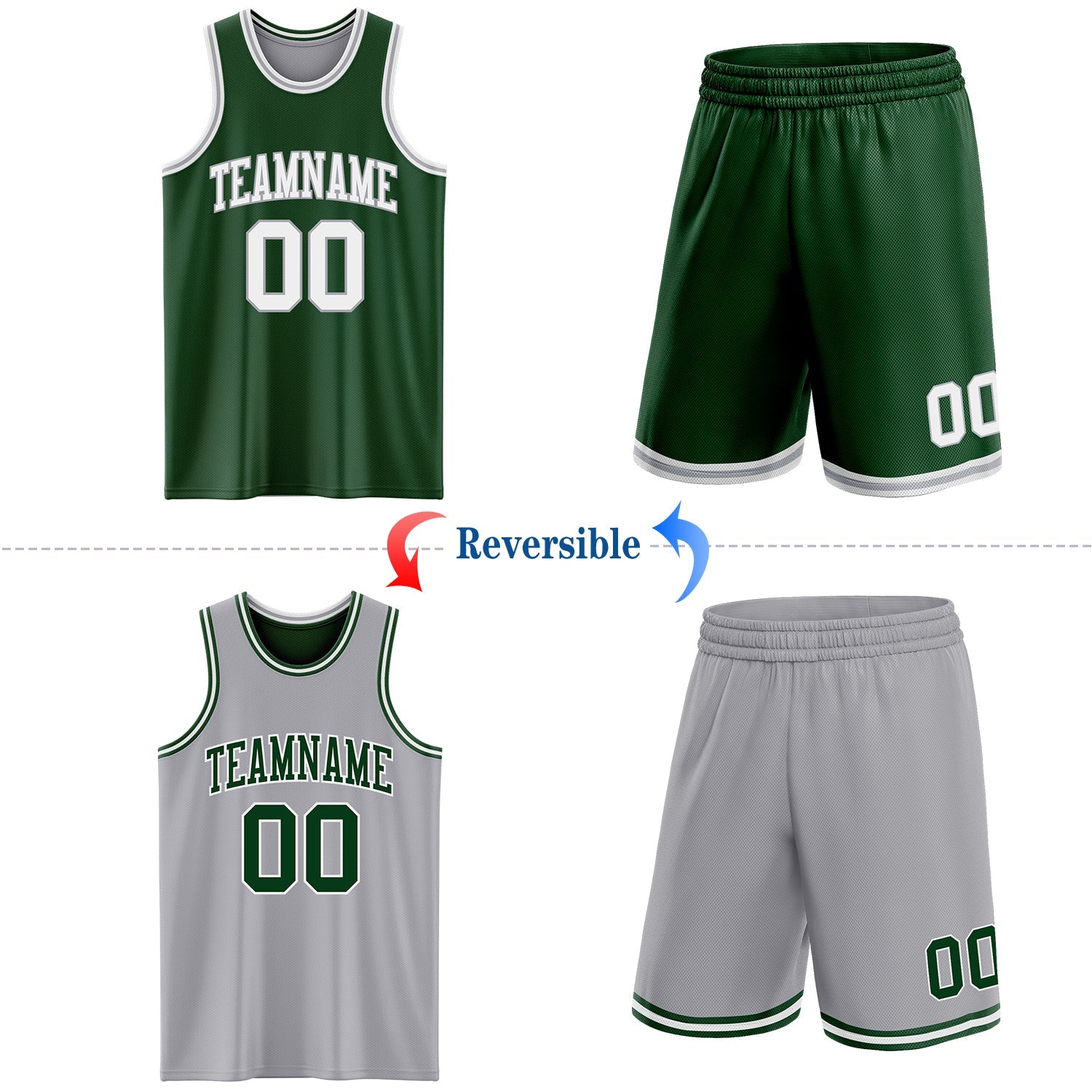 Custom Reversible Green White-Gray Double Side Sublimation Basketball Set Jersey view 2