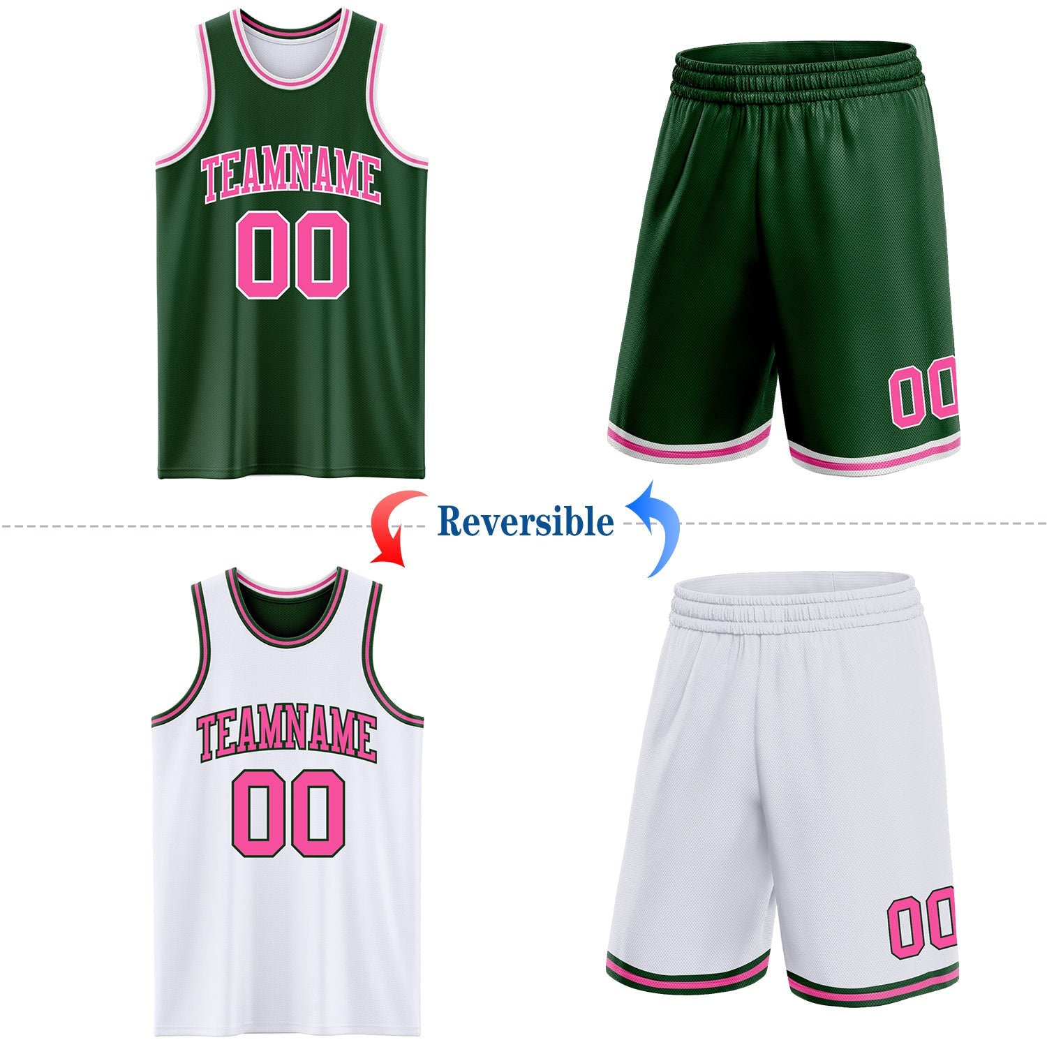 Custom Reversible Green Pink-White Double Side Sublimation Basketball Set Jersey view 2