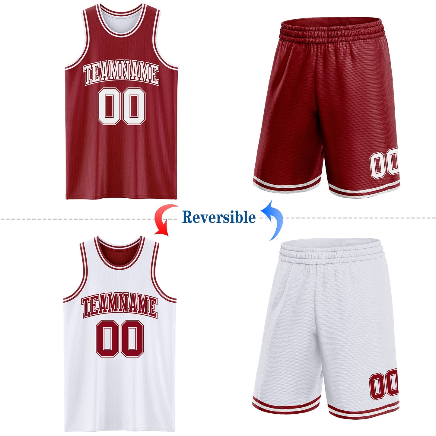 Custom Reversible Maroon White Double Side Sublimation Basketball Set Jersey view 2