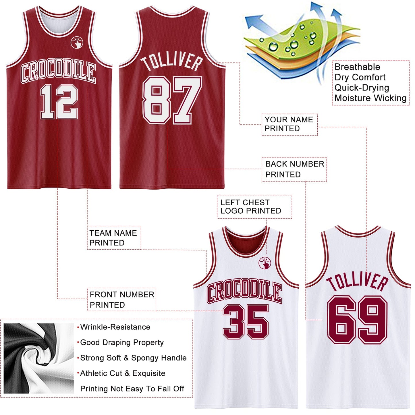Custom Reversible Maroon White Double Side Sublimation Basketball Set Jersey view 5