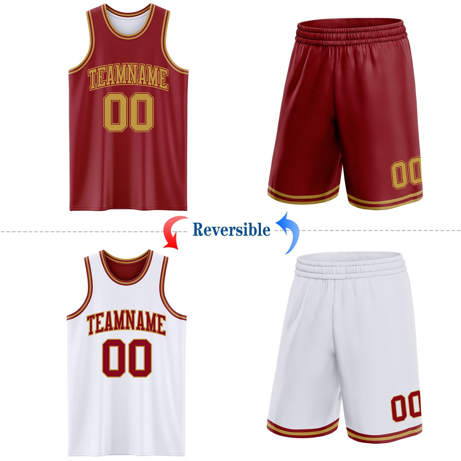 Custom Reversible Maroon Old Gold Double Side Sublimation Basketball Set Jersey view 2