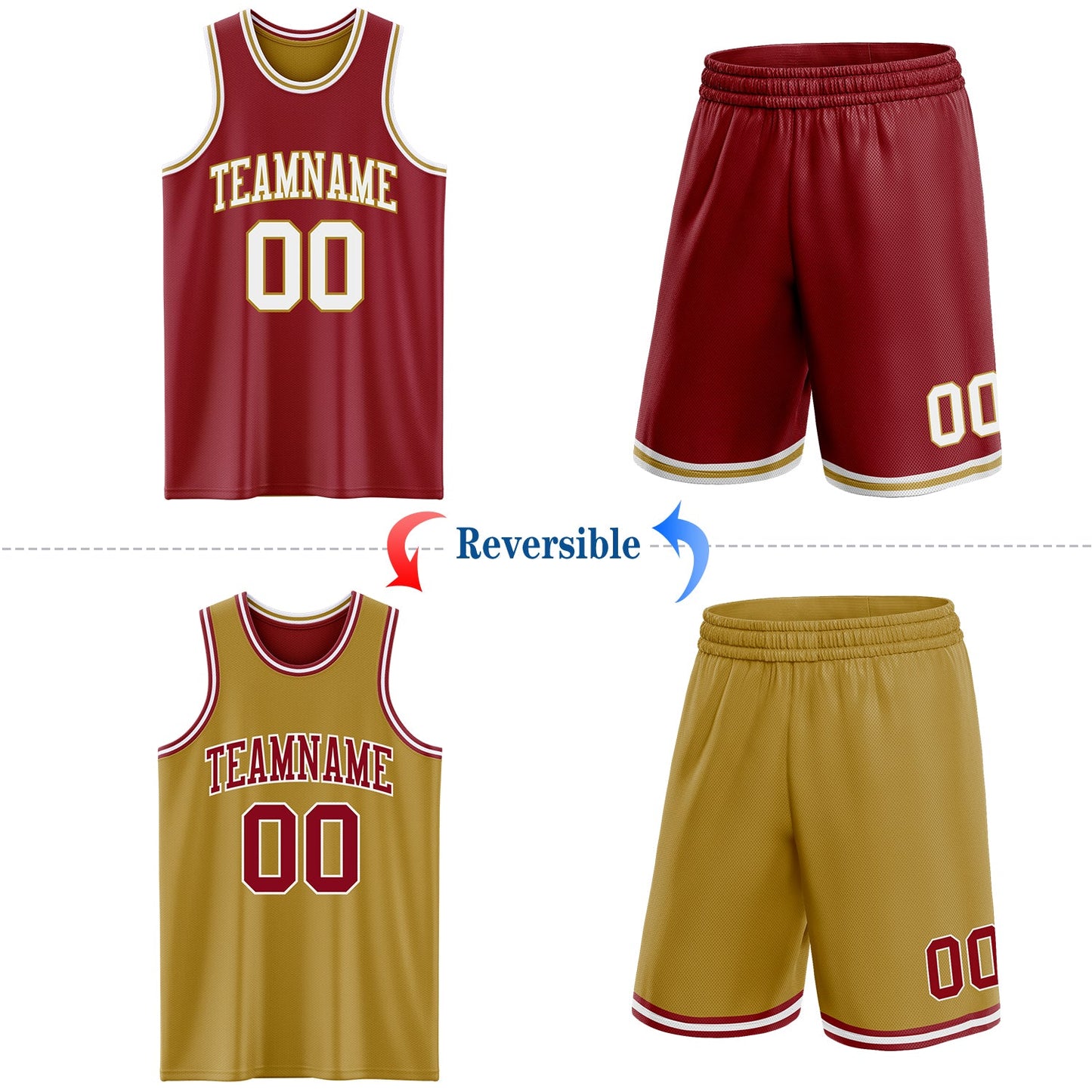 Custom Reversible Maroon White-Old Gold Double Side Sublimation Basketball Set Jersey view 2