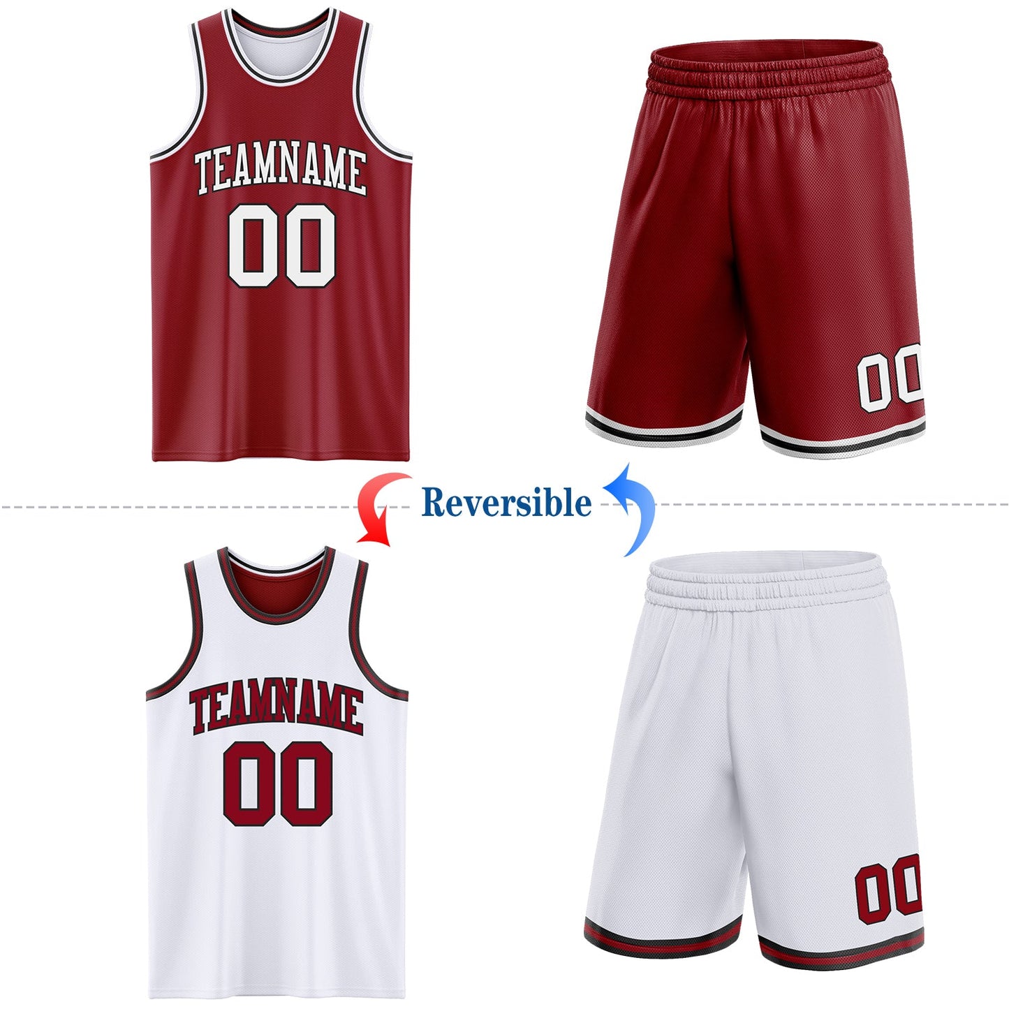 Custom Reversible Maroon White-Black Double Side Sublimation Basketball Set Jersey view 2
