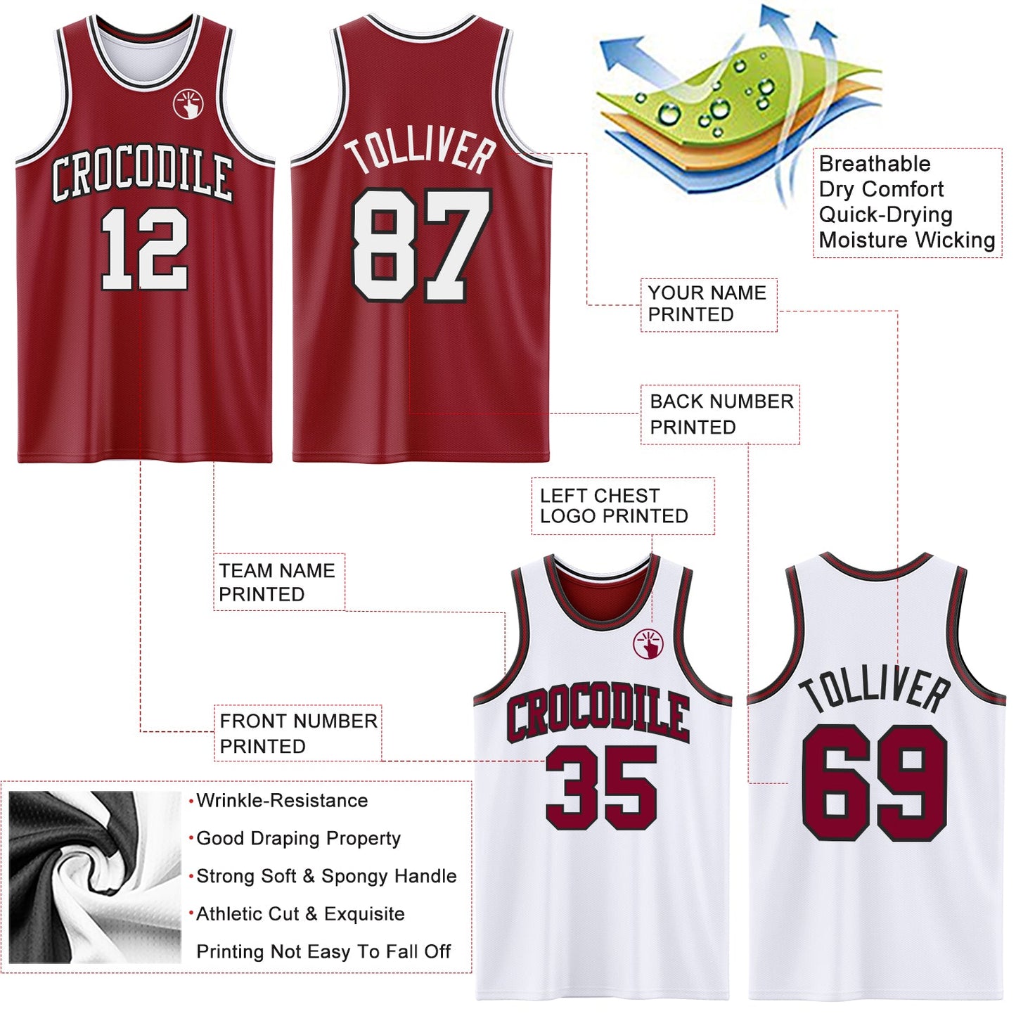 Custom Reversible Maroon White-Black Double Side Sublimation Basketball Set Jersey view 5
