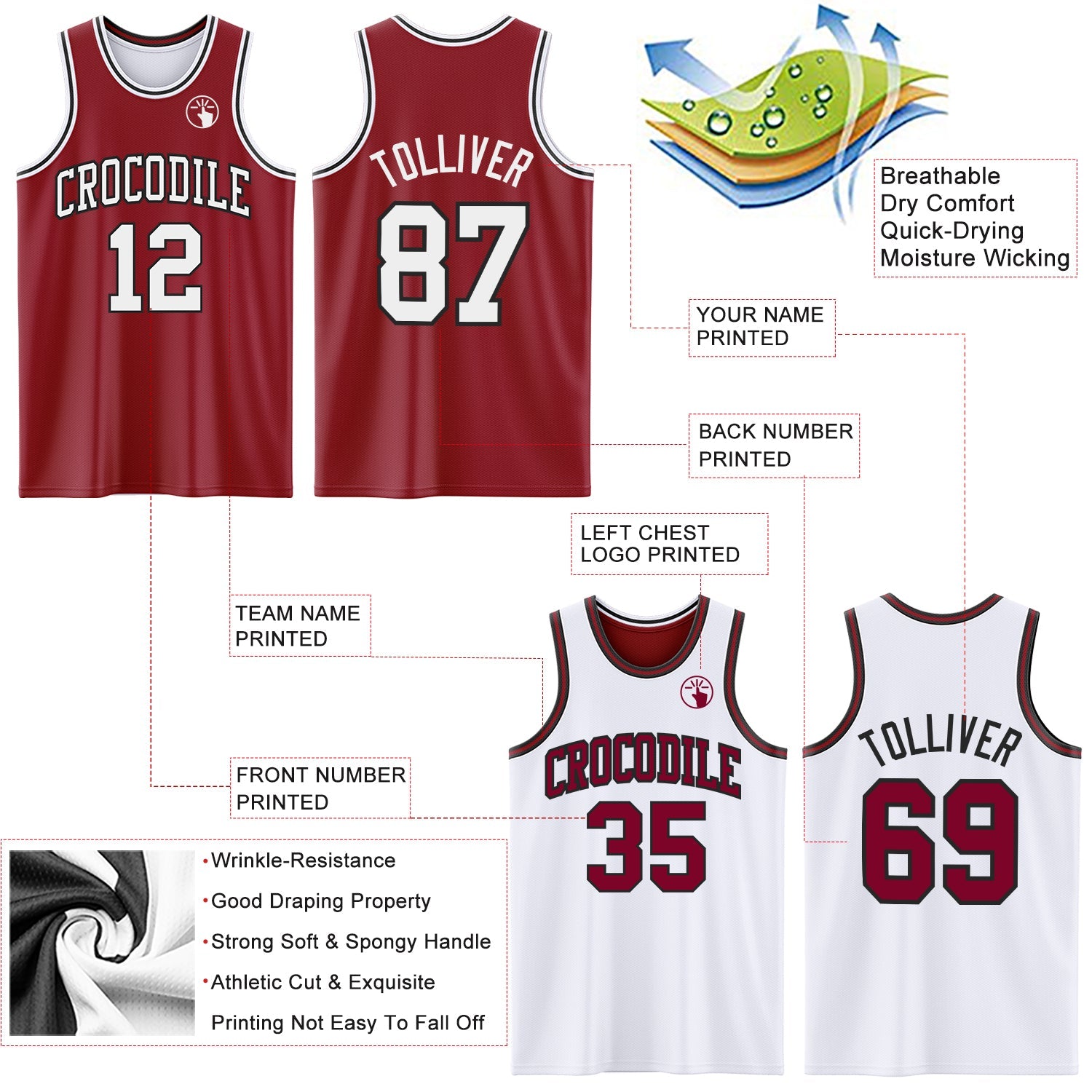 Custom Reversible Maroon White-Black Double Side Sublimation Basketball Set Jersey view 5