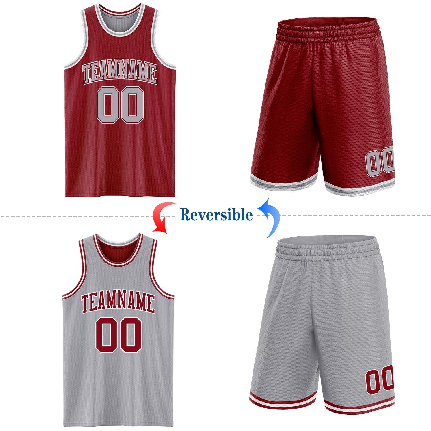 Custom Reversible Maroon Gray-White Double Side Sublimation Basketball Set Jersey view 2