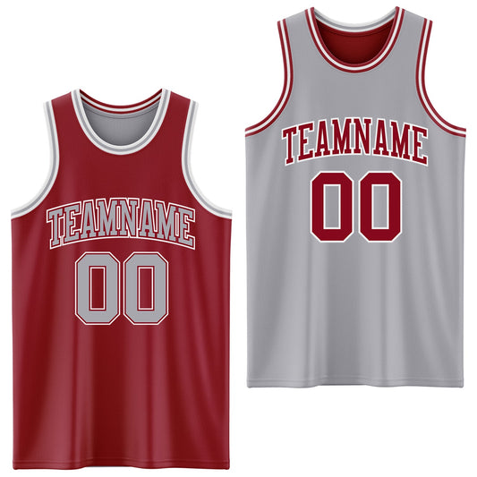 Custom Reversible Maroon Gray-White Double Side Sublimation Basketball Set Jersey - Main View