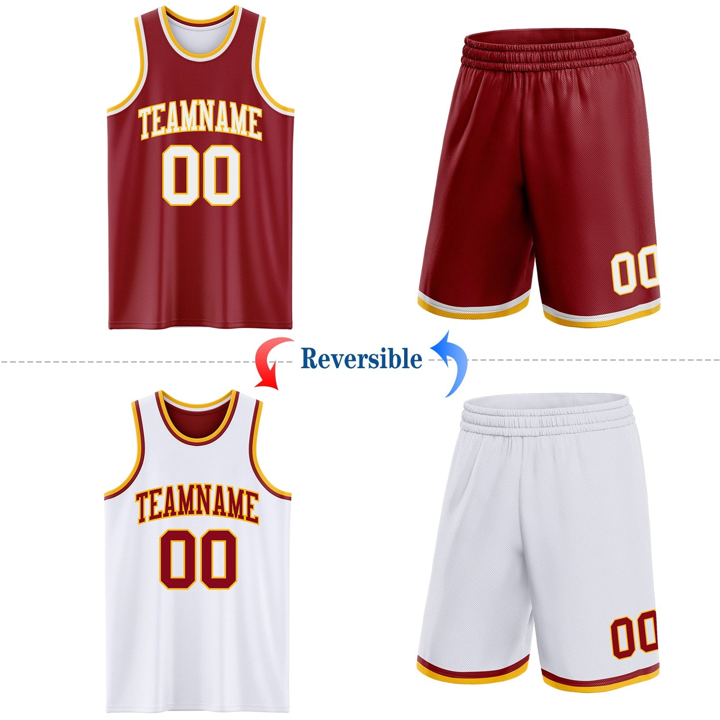 Custom Reversible Maroon White-Gold Double Side Sublimation Basketball Set Jersey view 2