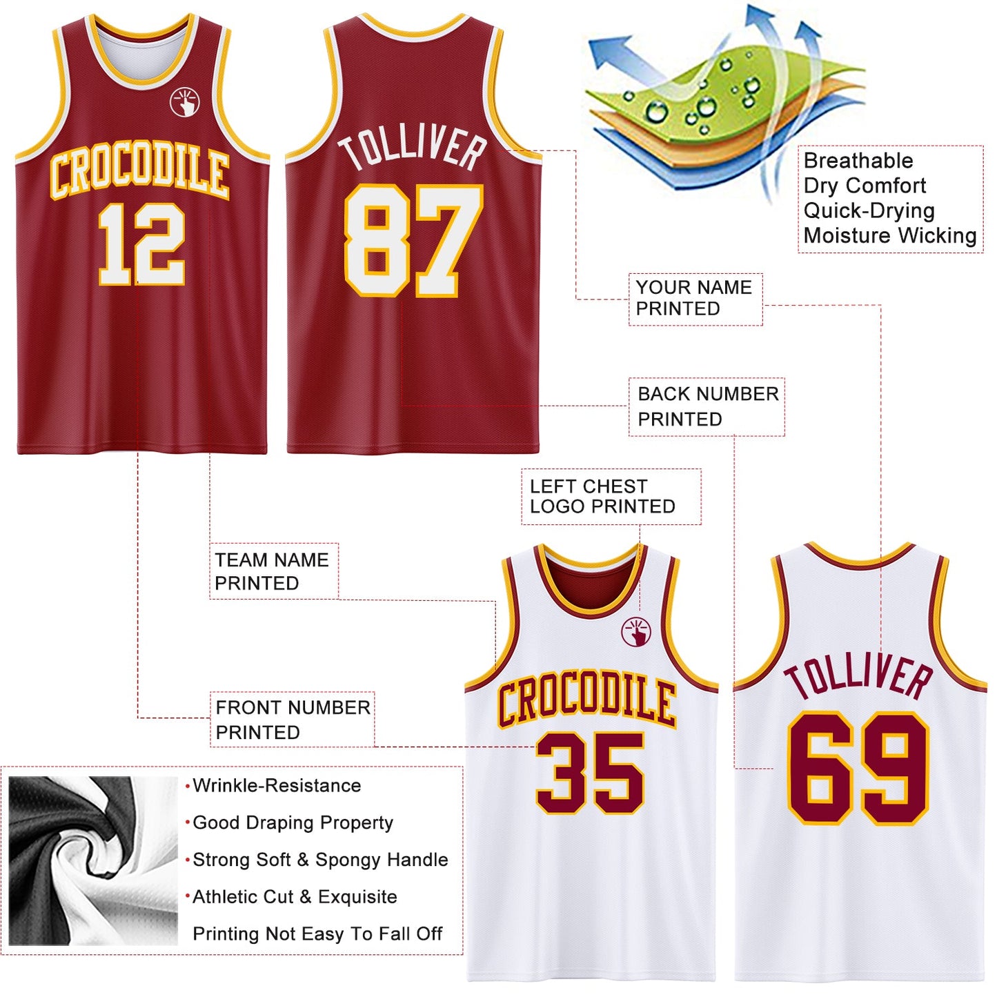 Custom Reversible Maroon White-Gold Double Side Sublimation Basketball Set Jersey view 5