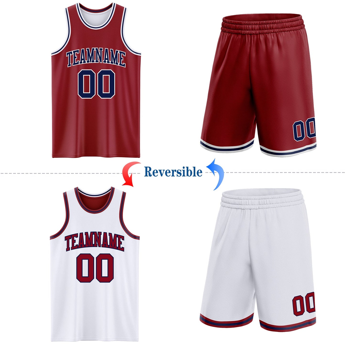 Custom Reversible Maroon Navy-White Double Side Sublimation Basketball Set Jersey view 2