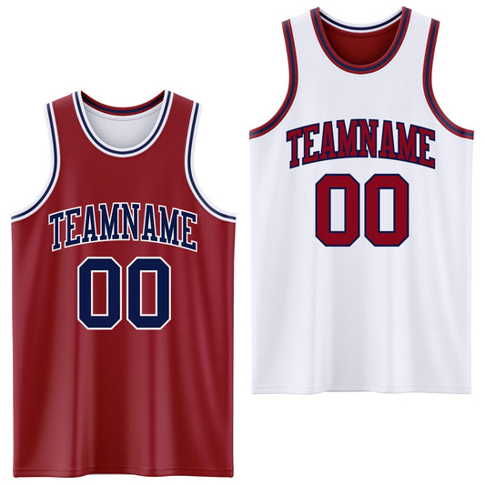 Custom Reversible Maroon Navy-White Double Side Sublimation Basketball Set Jersey - Main View
