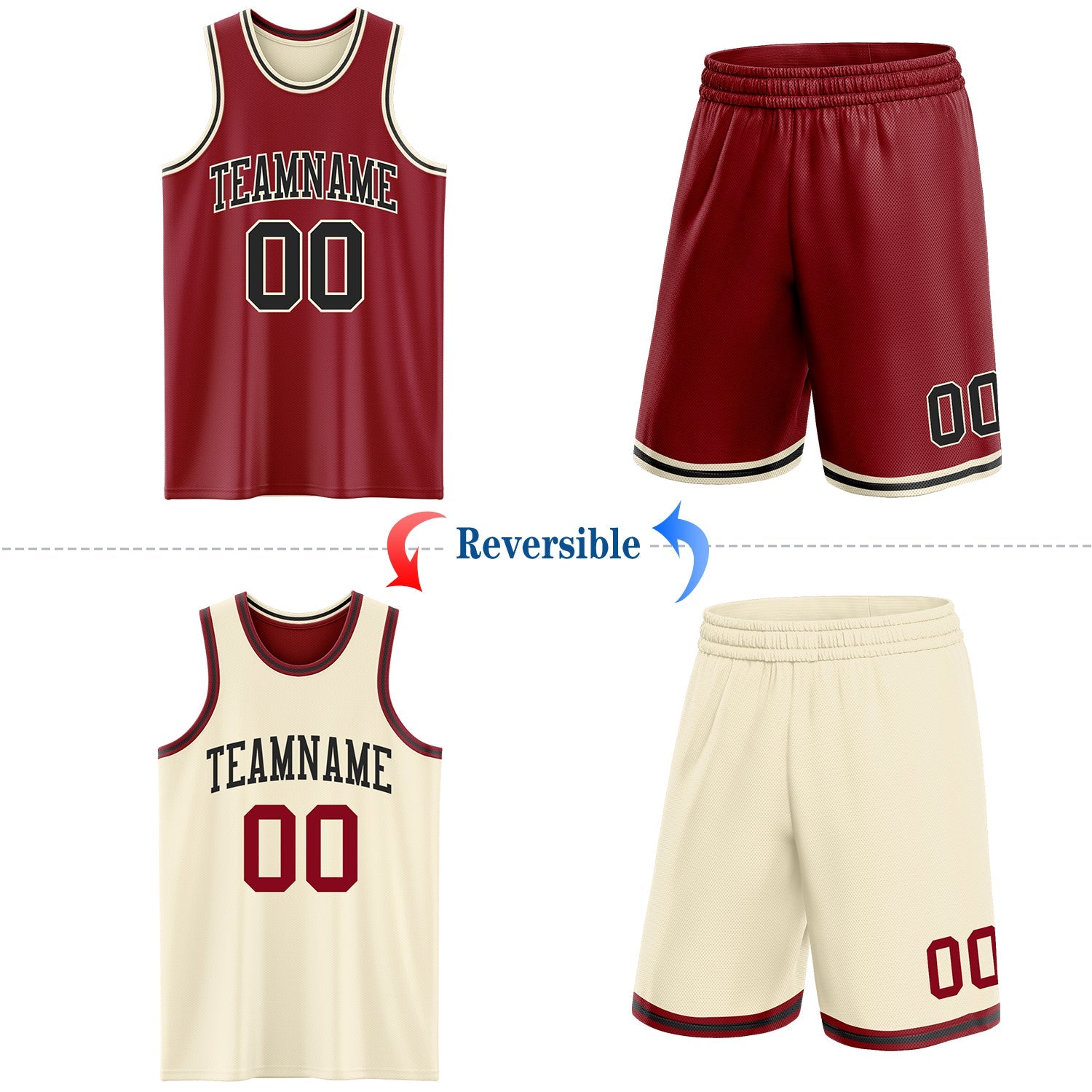 Custom Reversible Maroon Black-Cream Double Side Sublimation Basketball Set Jersey view 2
