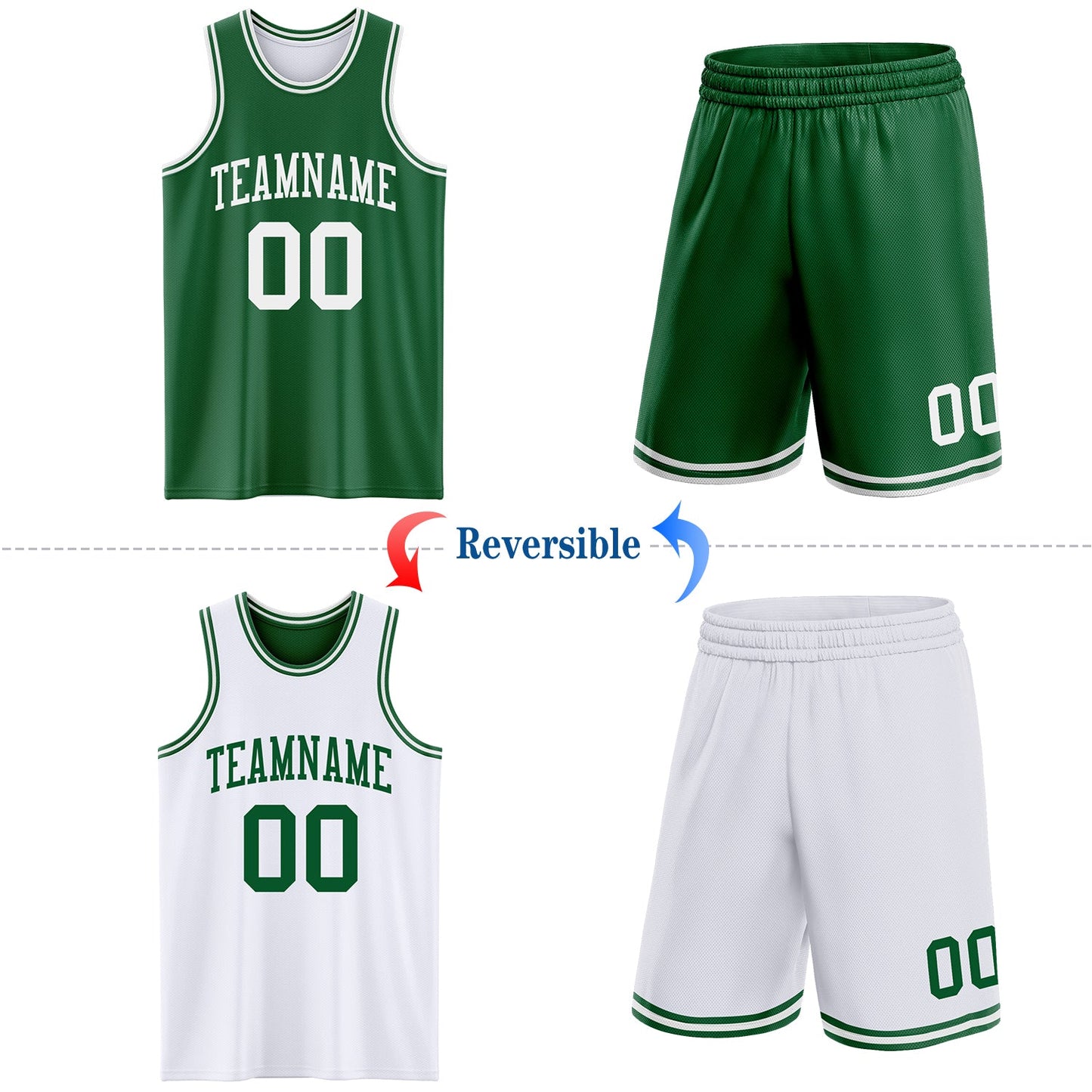 Custom Reversible Kelly Green White Double Side Sublimation Basketball Set Jersey view 2