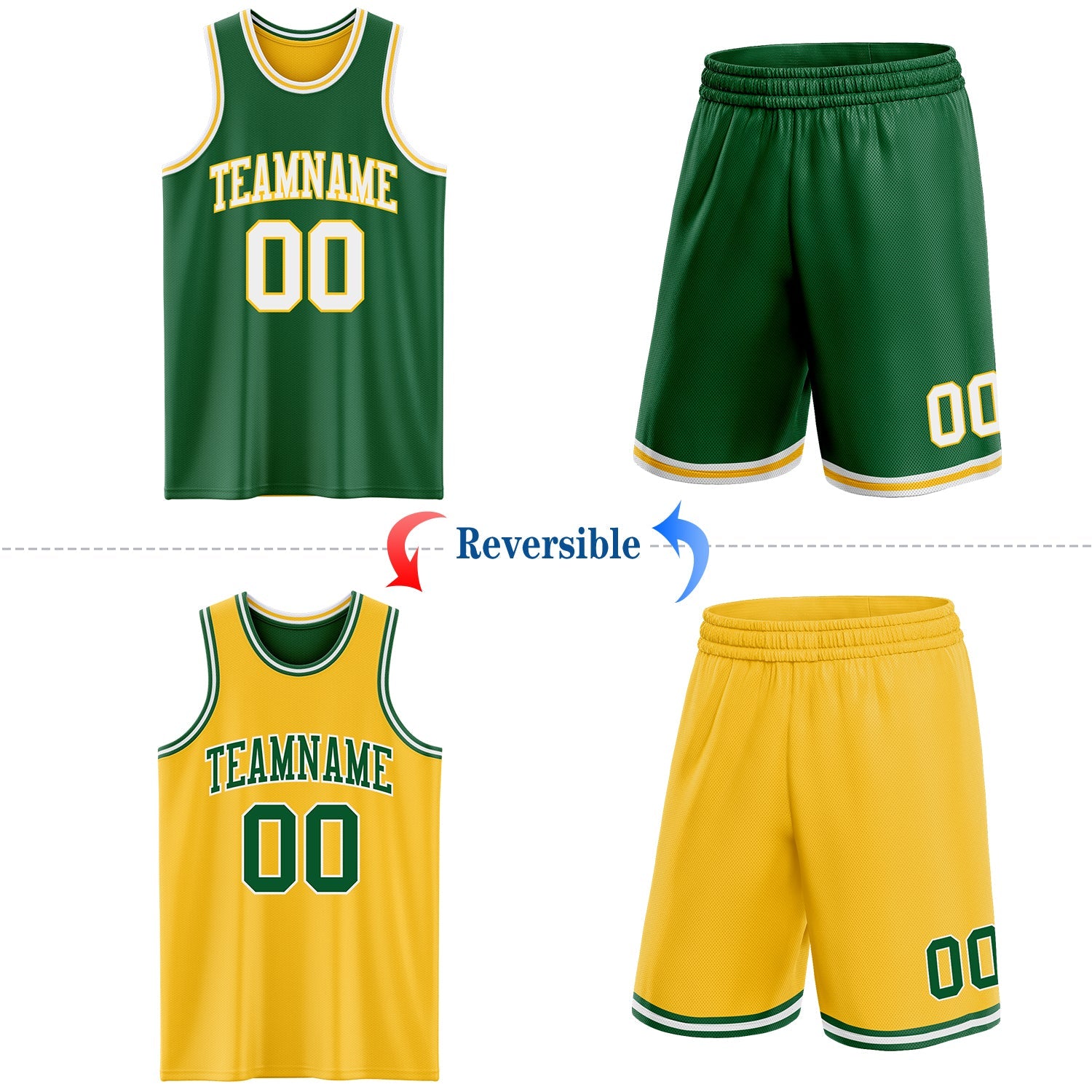 Custom Reversible Kelly Green White-Gold Double Side Sublimation Basketball Set Jersey view 2