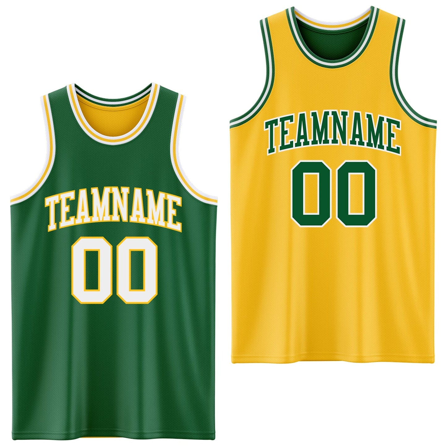 Custom Reversible Kelly Green White-Gold Double Side Sublimation Basketball Set Jersey - Main View