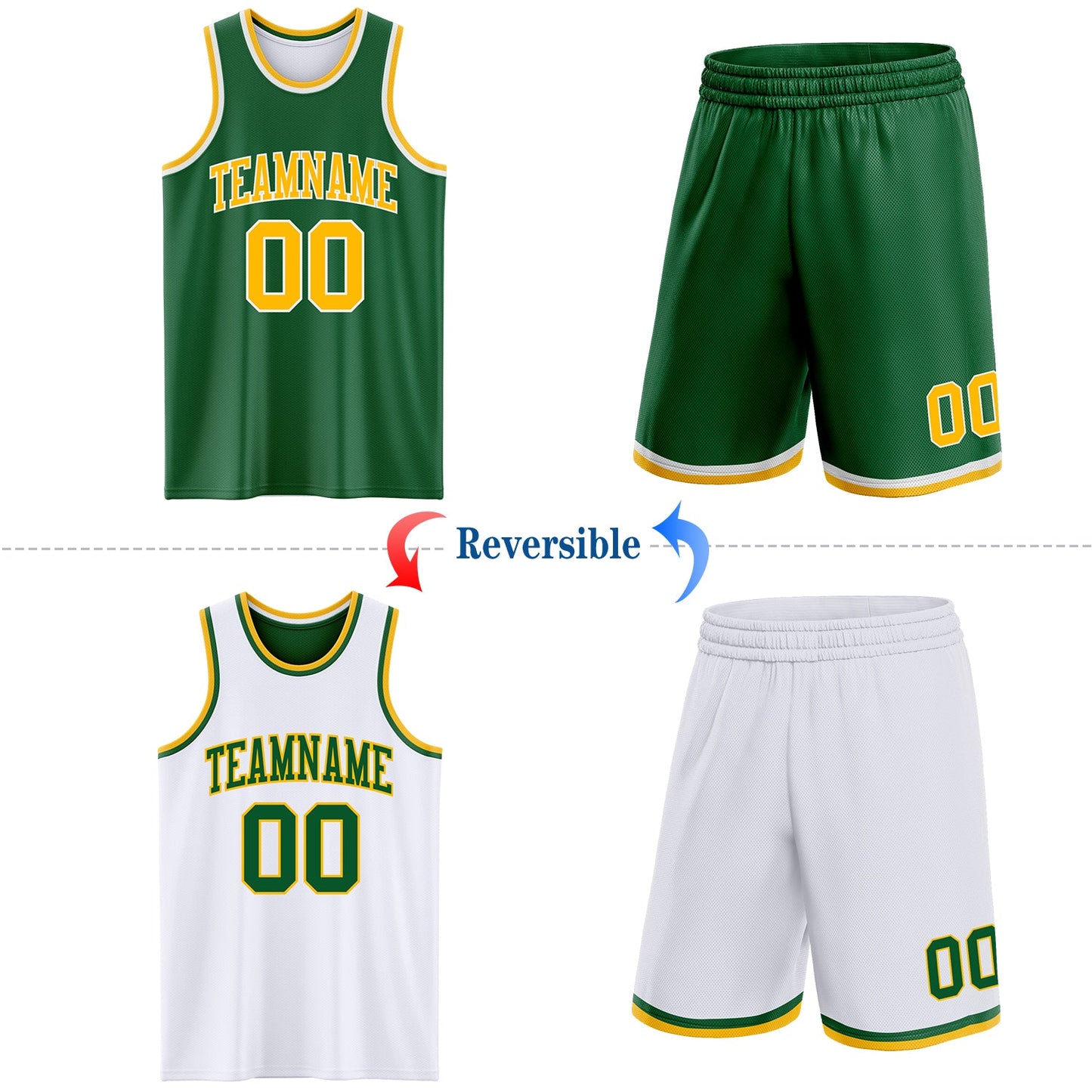 Custom Reversible Kelly Green Gold-White Double Side Sublimation Basketball Set Jersey view 2
