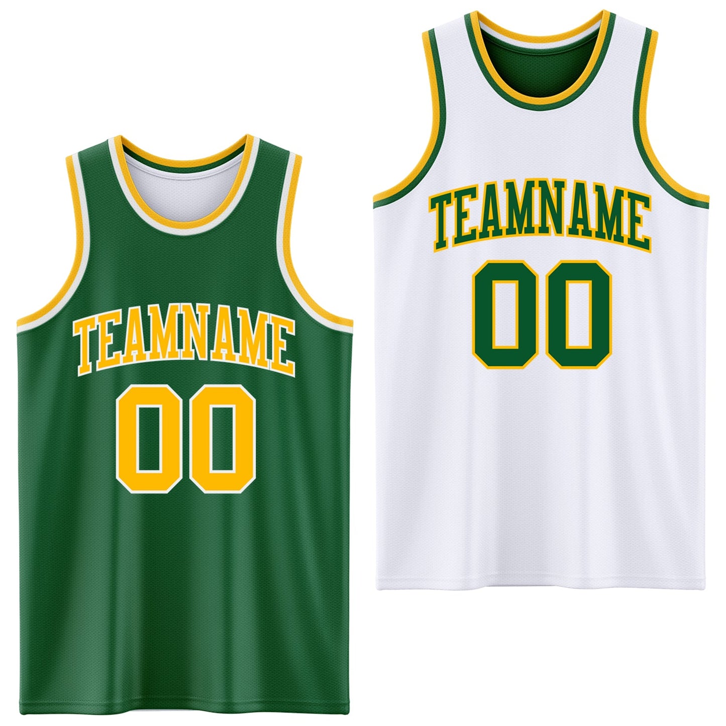 Custom Reversible Kelly Green Gold-White Double Side Sublimation Basketball Set Jersey - Main View